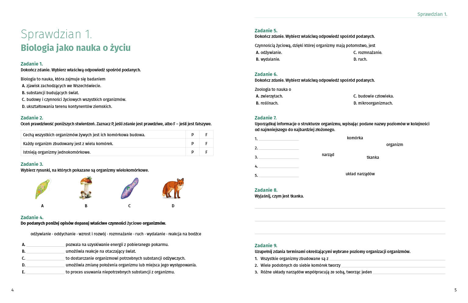 Sprawdziany dla klasy 5. Biologia